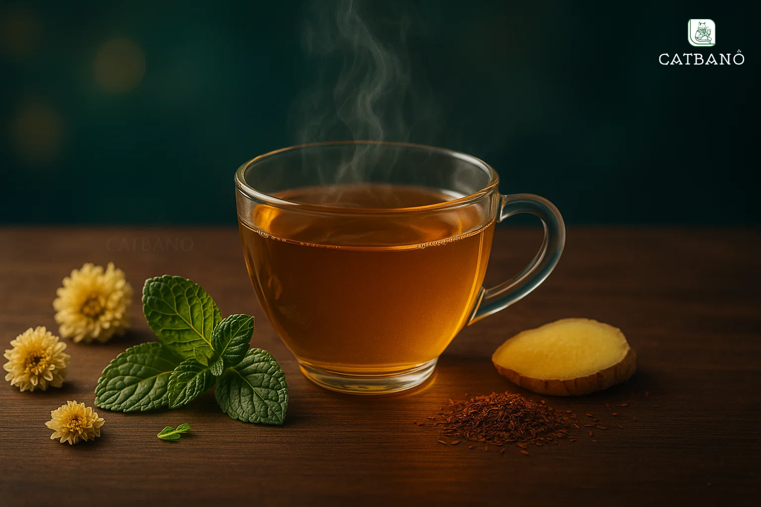 "Tách trà Oolong đặt cạnh các loại thảo mộc như hoa cúc, bạc hà, gừng, rooibos"