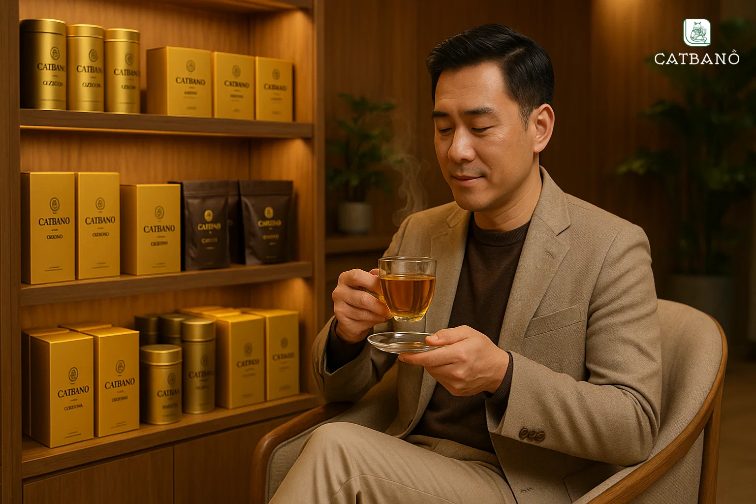 Khách hàng thưởng trà tại showroom Catbano; sản phẩm trà Oolong trưng bày trên kệ.