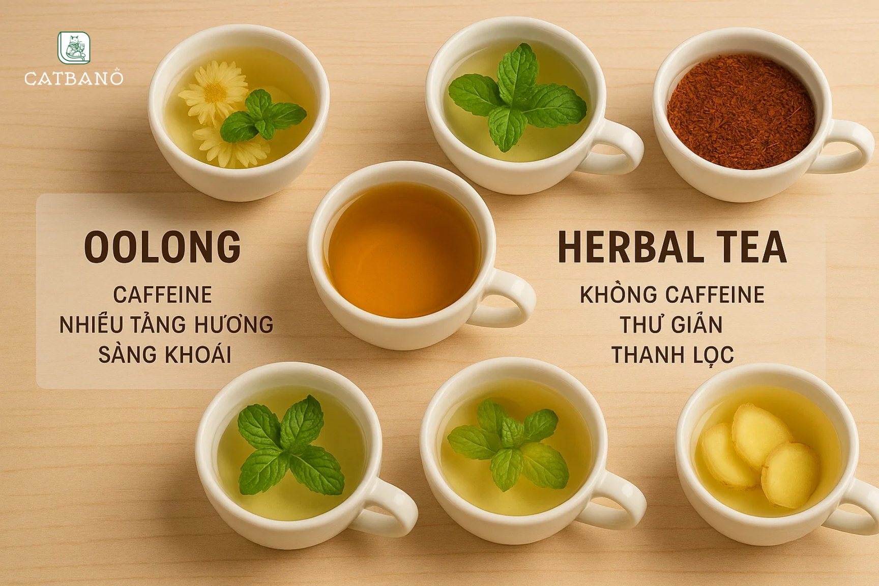 "Bàn trà với nhiều tách nhỏ, mỗi tách chứa một loại trà khác nhau; infographic so sánh Oolong (caffeine, nhiều tầng hương) với thảo mộc (không caffeine, thư giãn)."