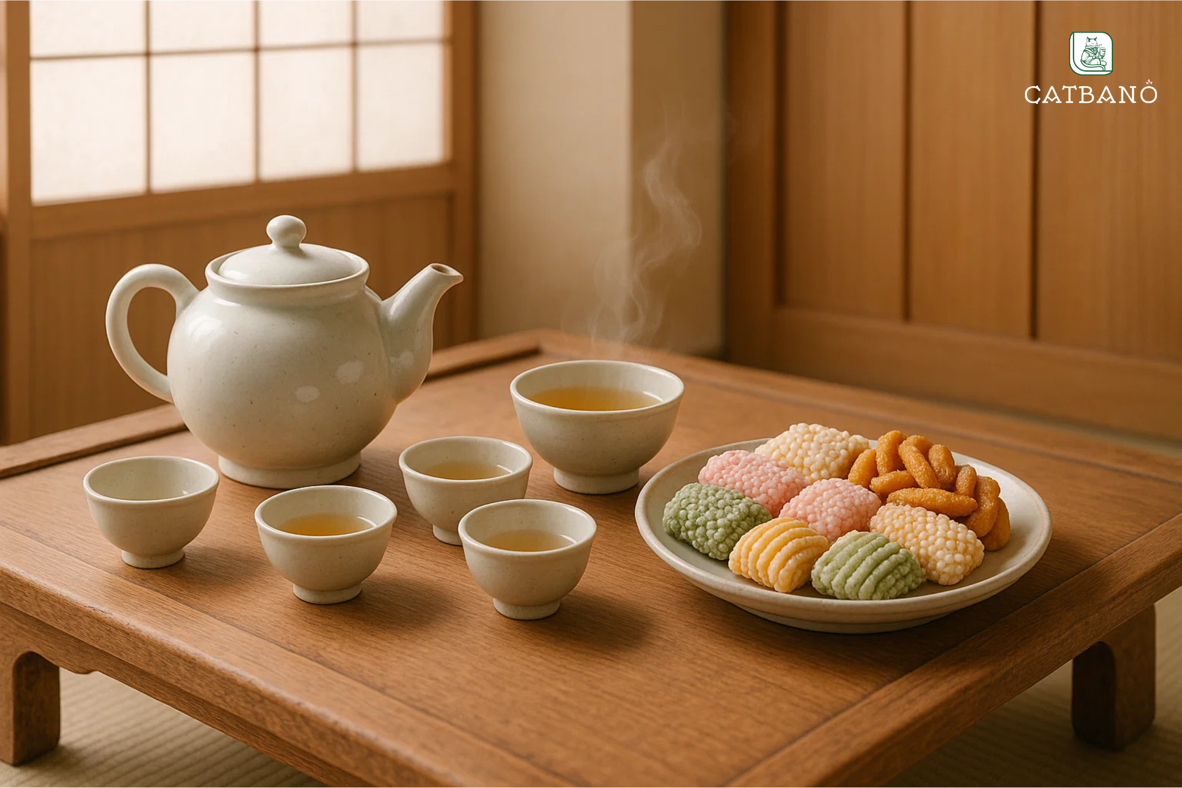 Ấm sứ Hàn Quốc (Dawan) với chén nhỏ Chajjan; bàn trà Hàn truyền thống với bánh Hangwa.