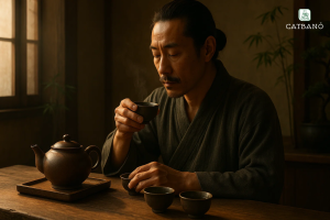 Bộ trà đạo với ấm đất nung, bàn gỗ, không gian yên tĩnh; người ngồi thưởng trà trong khung cảnh thiền định.