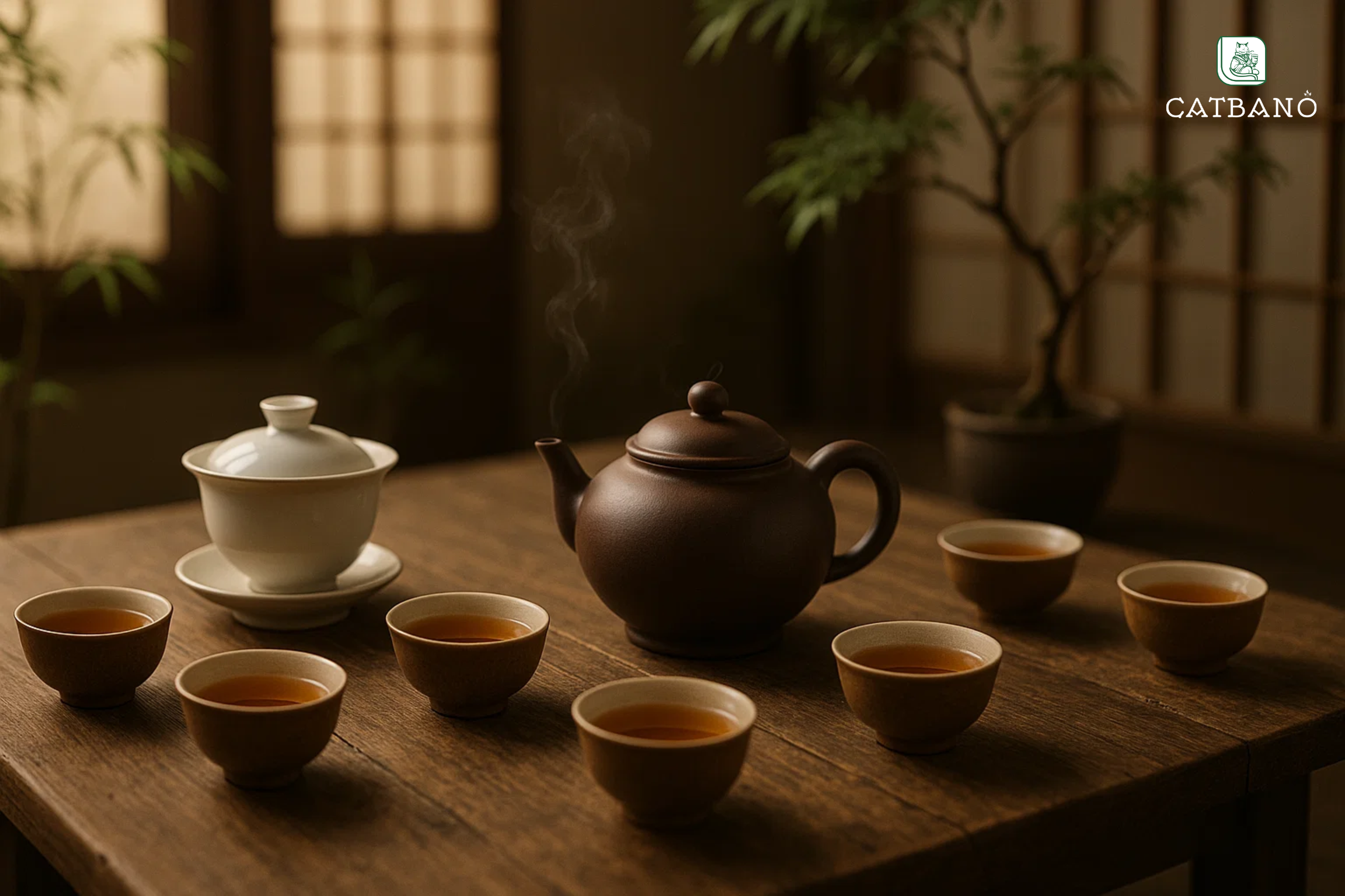 Bộ Dado Hàn Quốc với ấm sứ trắng, chén Choson, không gian thiền tịnh.