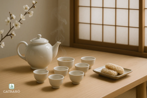 Bộ Dado Hàn Quốc với ấm sứ trắng, chén Choson, không gian thiền tịnh.