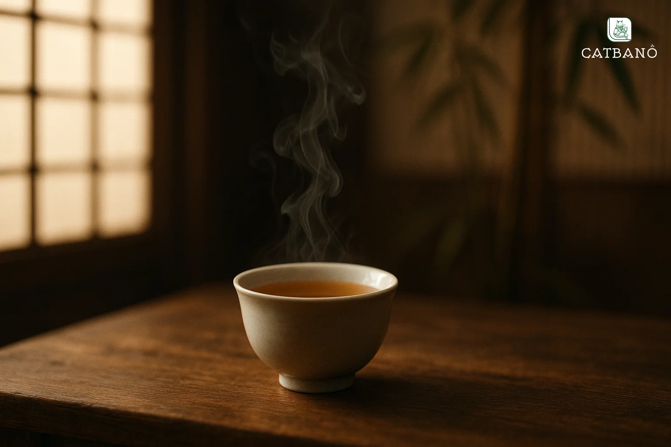Chén trà Oolong tỏa khói, ánh sáng dịu, không gian thiền.