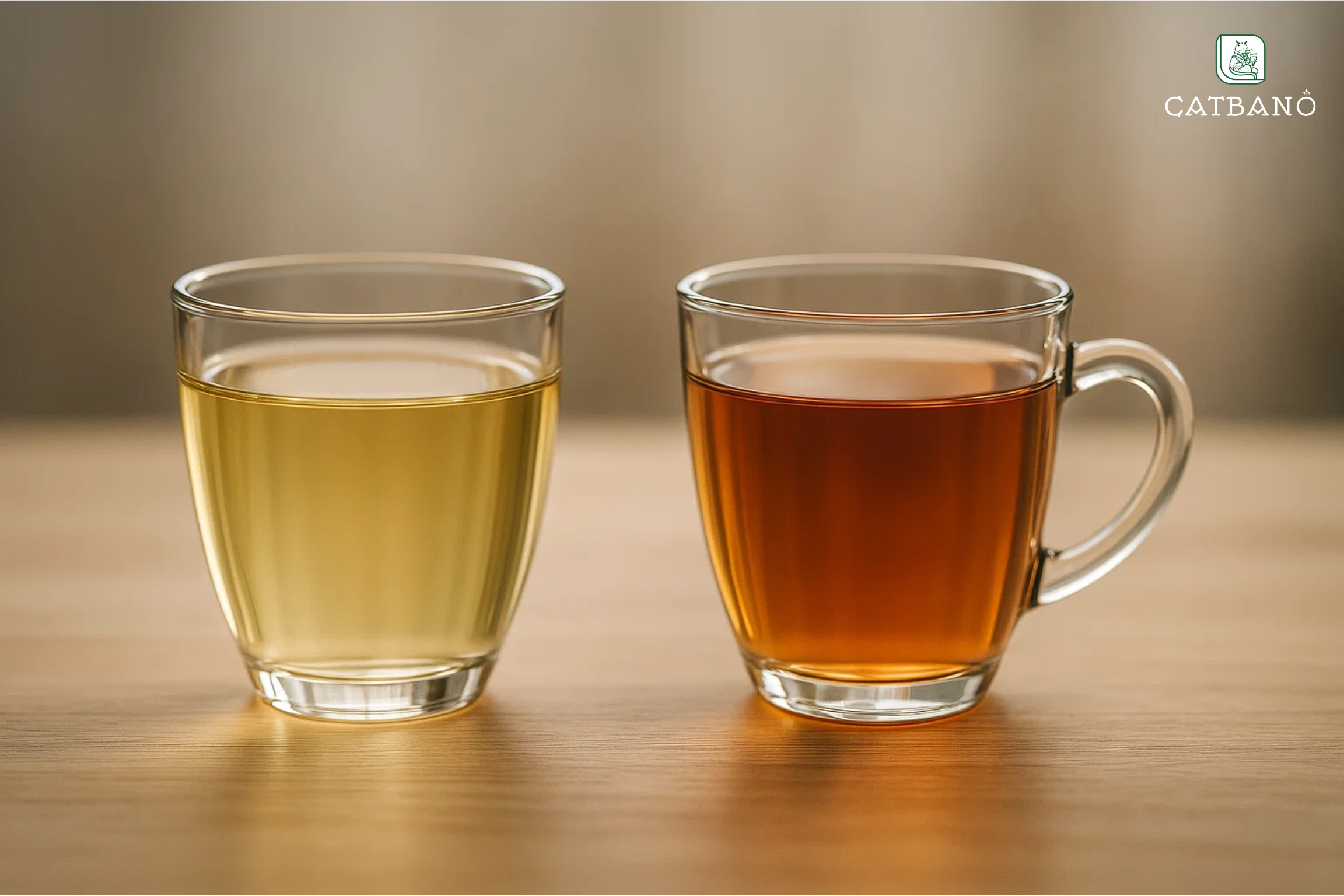 Hai ly trà: một ly trà xanh (màu vàng nhạt) và một ly trà Oolong (màu hổ phách), đặt cạnh nhau trên nền gỗ sáng.