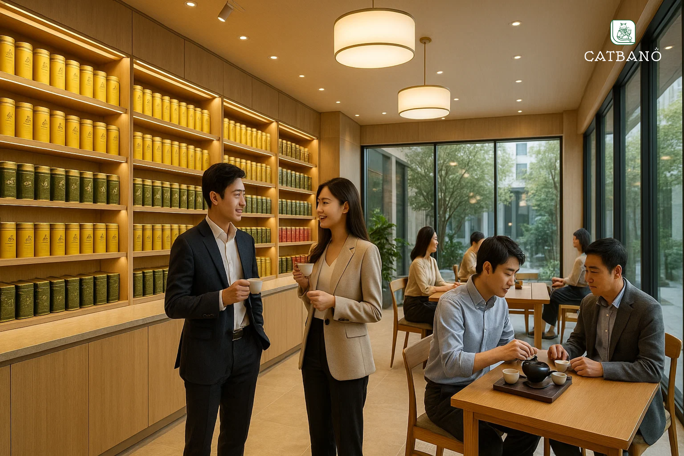 oàn cảnh không gian showroom với quầy trưng bày trà và khách hàng trải nghiệm.