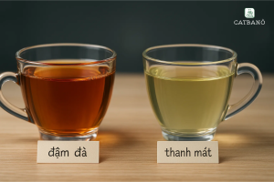 Hai tách trà đối lập: Oolong (hổ phách, ghi chú “đậm đà”) và trà xanh (vàng nhạt, ghi chú “thanh mát”).