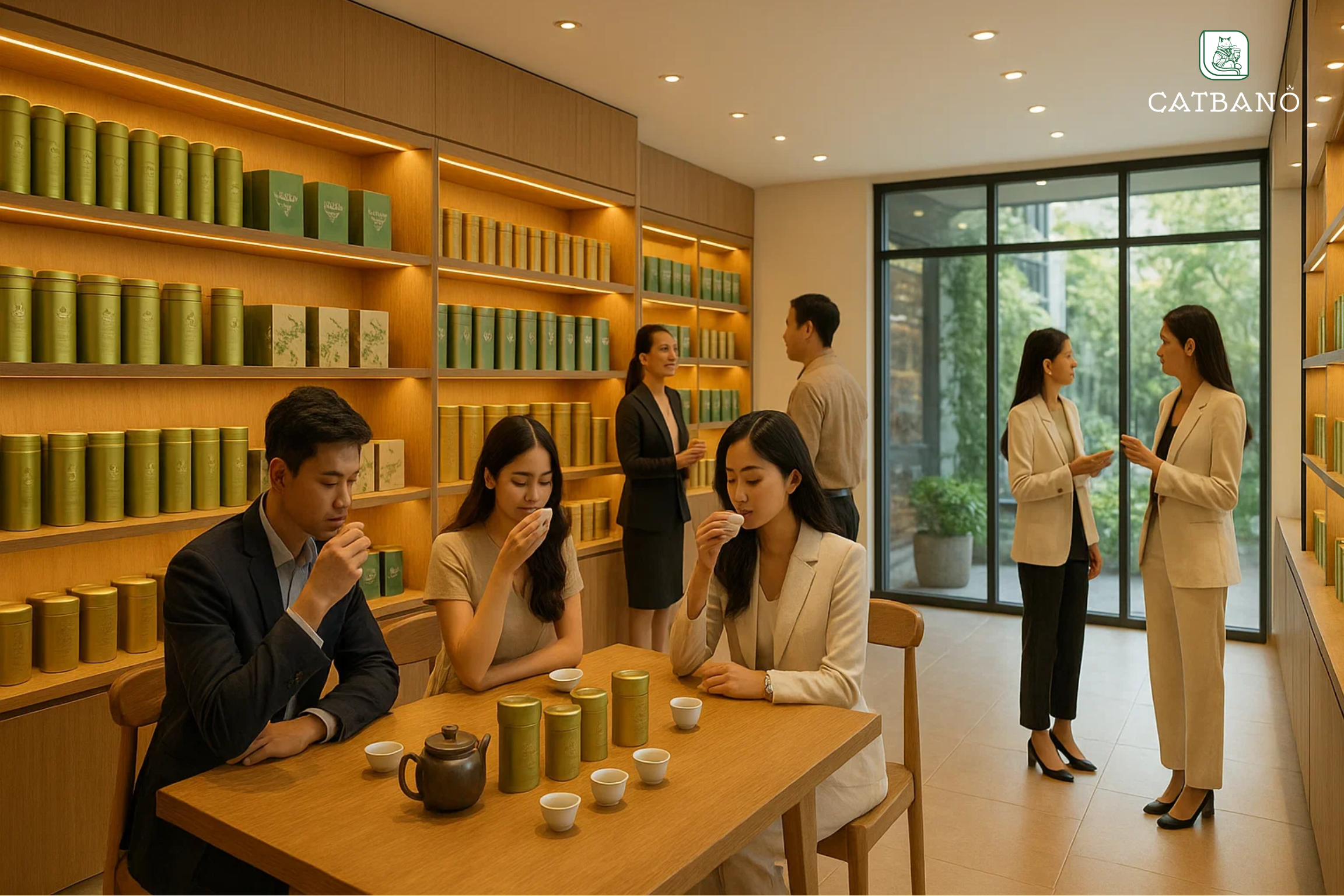 Toàn cảnh quầy trưng bày trà trong showroom, có khách hàng trải nghiệm.