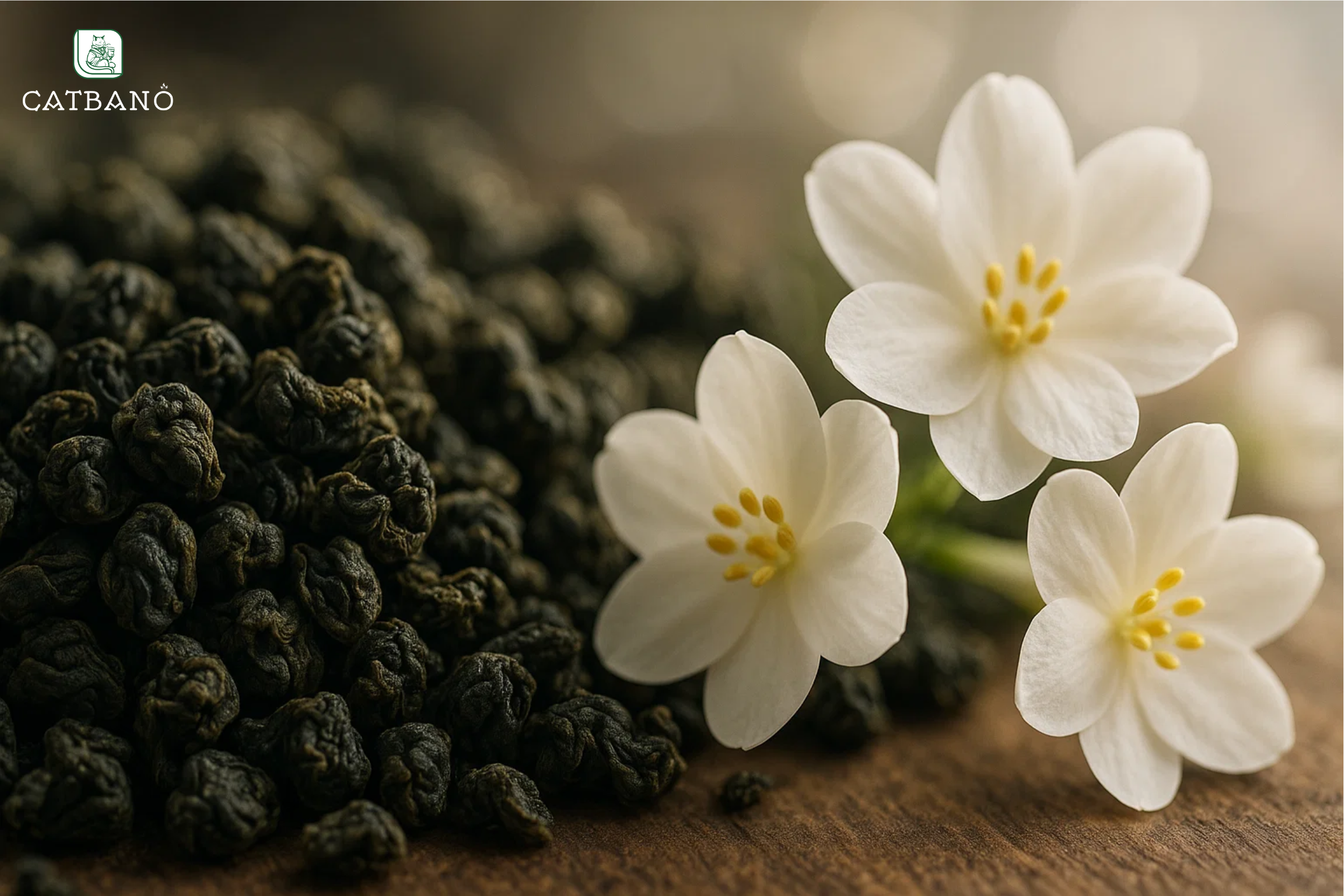 Cận cảnh lá trà Oolong khô và hoa nhài tươi.