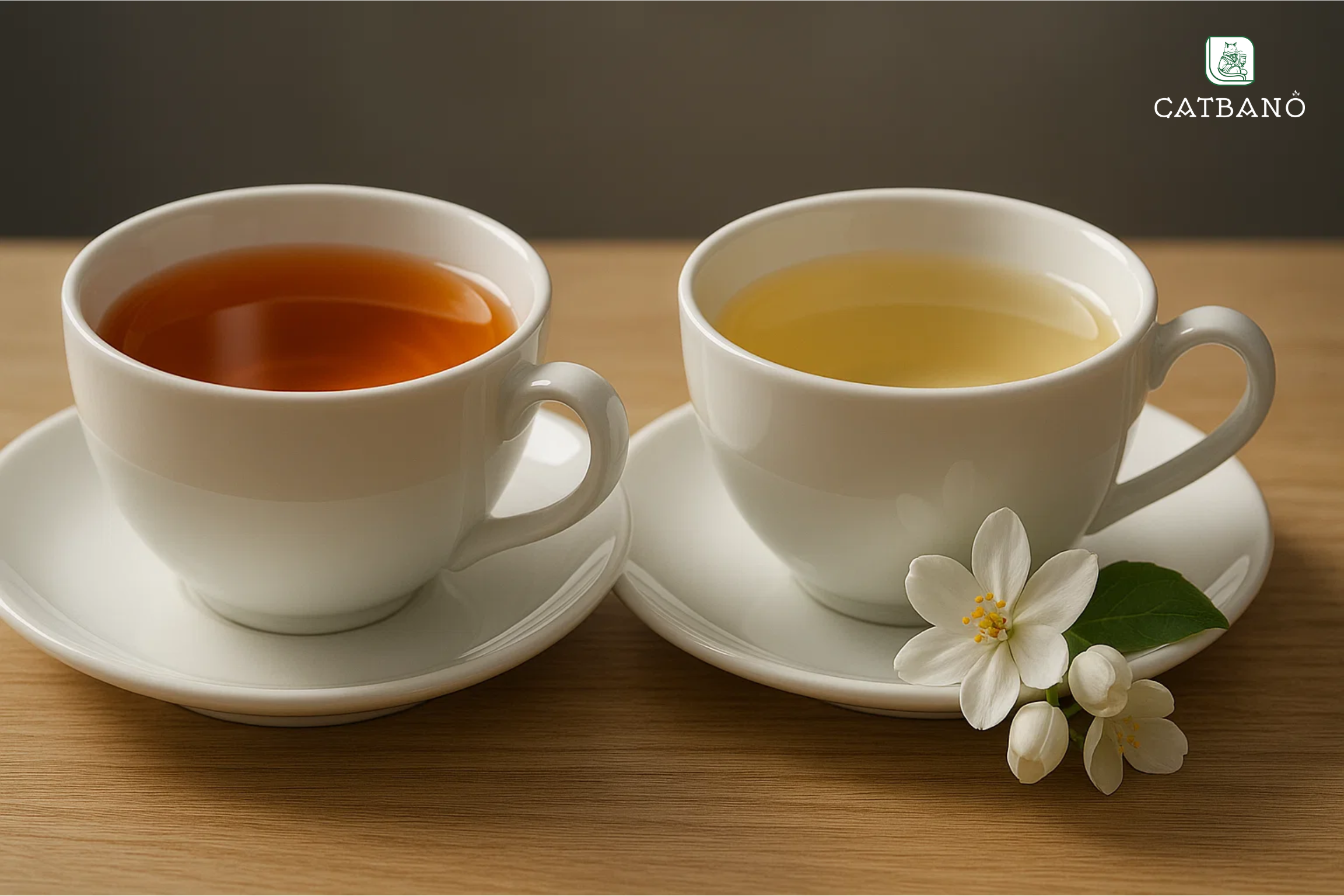 Tách trà Oolong (màu hổ phách) bên cạnh tách trà Oolong nhài (vàng sáng, có cánh hoa nhài).