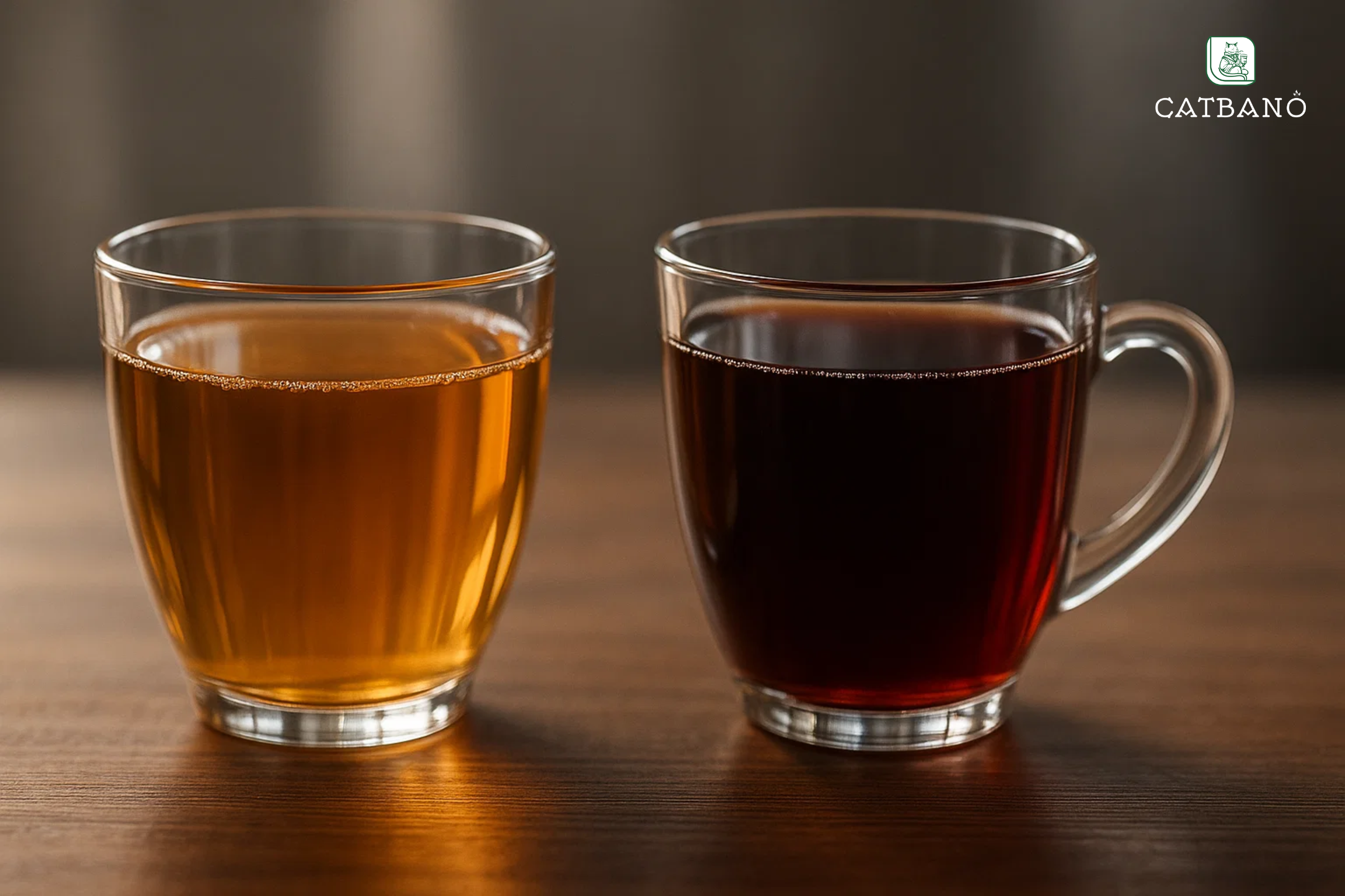Ly trà Oolong màu hổ phách và ly trà Pu-erh màu đỏ sẫm, đặt cạnh nhau.