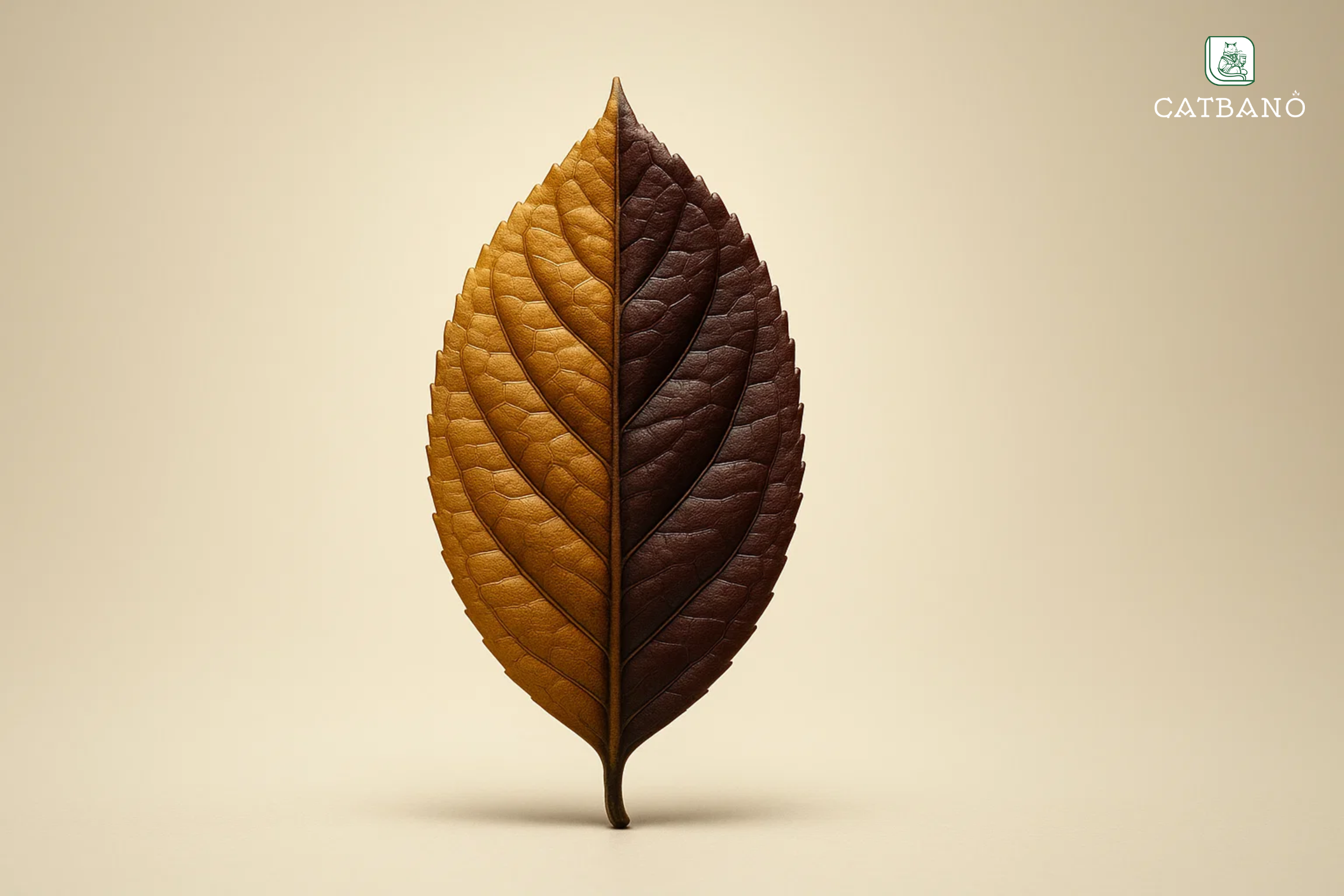 Lá trà cách điệu: một nửa màu vàng nâu (Oolong), một nửa màu đỏ sẫm (Pu-erh).