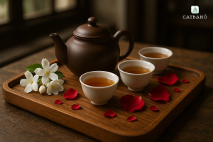 Bộ trà Oolong kết hợp hoa nhài, hoa hồng trên khay gỗ trong quán trà.