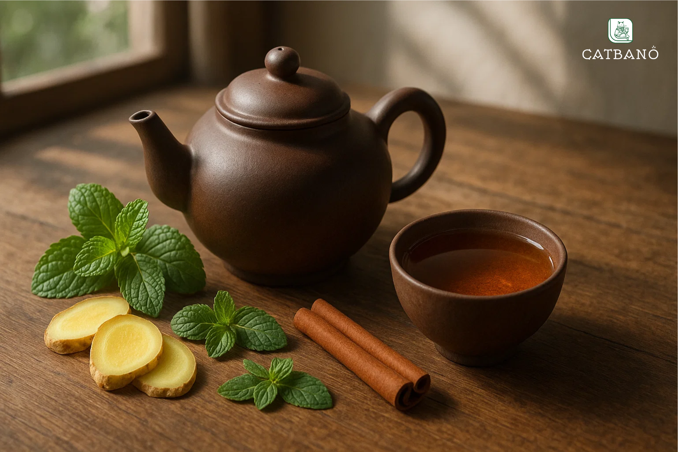 Không gian thưởng trà với thảo mộc tươi (gừng, bạc hà, quế) và ấm tử sa.