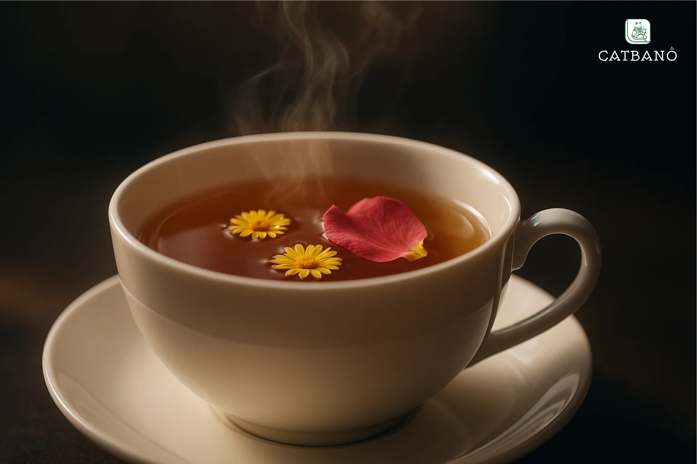 Chén trà Oolong tỏa khói, hoa cúc và hoa hồng nổi nhẹ trên mặt nước.