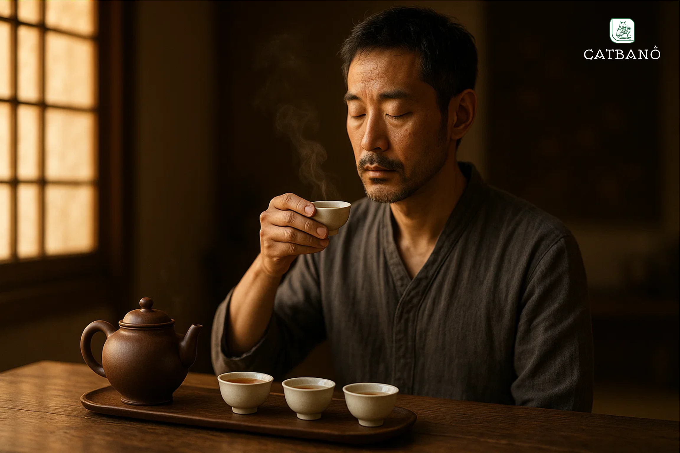 Bộ trà Oolong trong không gian quán yên tĩnh, người thưởng trà thiền định.