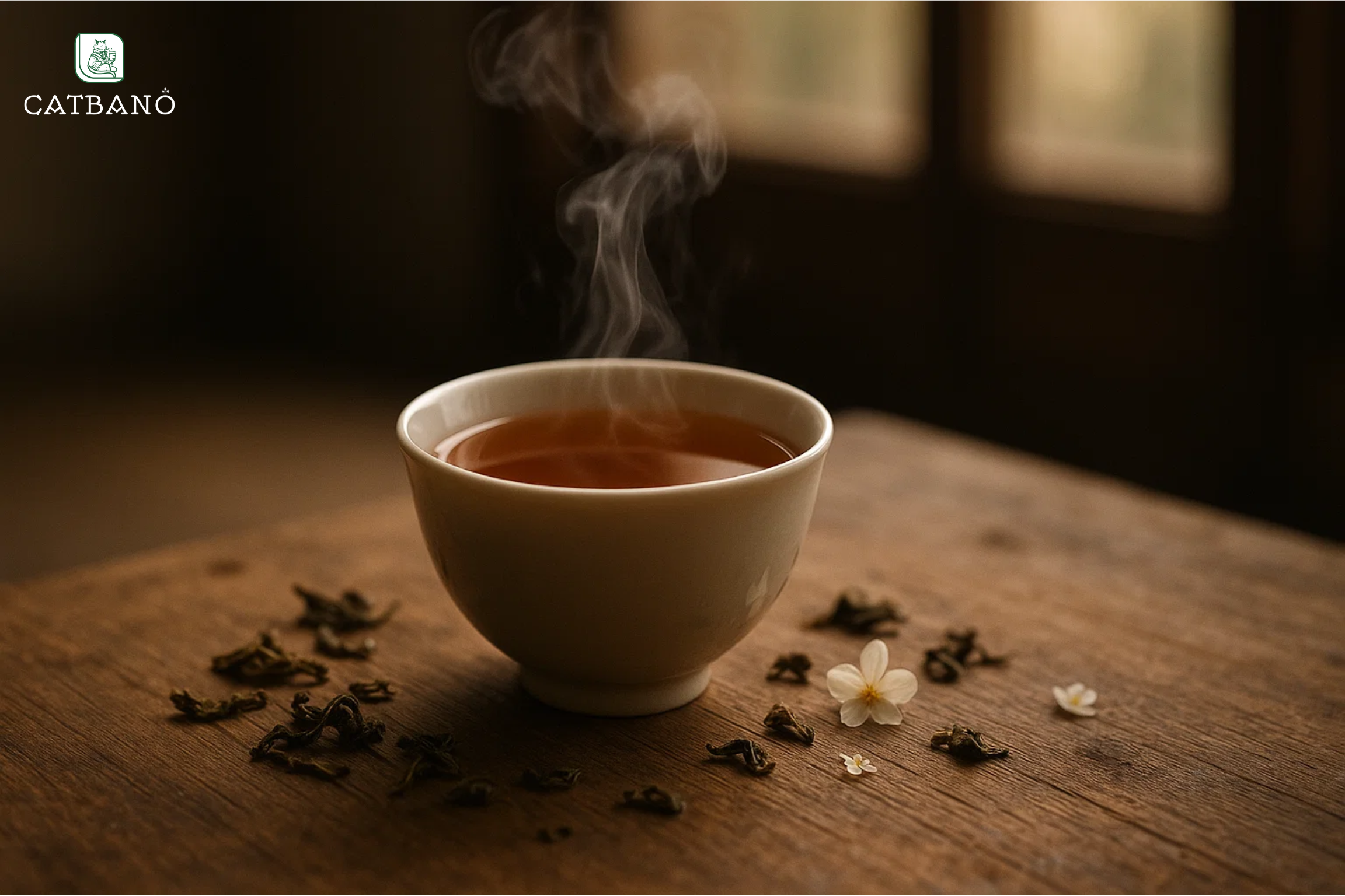 Chén trà Oolong tỏa khói trong không gian thiền, ánh sáng dịu, lá trà và hoa điểm xuyết.