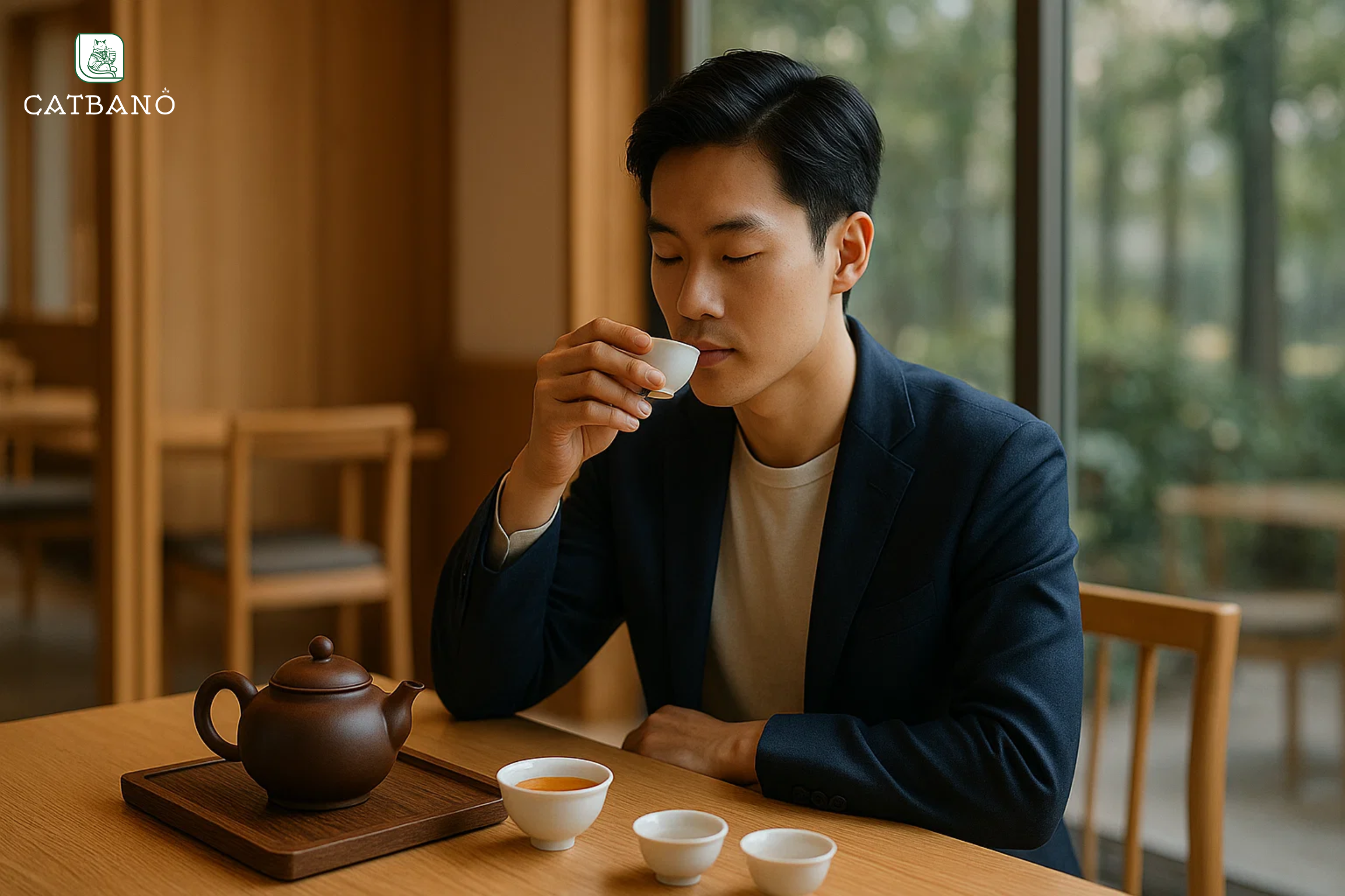 Không gian quán trà hiện đại với bộ trà Oolong, ánh sáng dịu, khách thưởng trà.