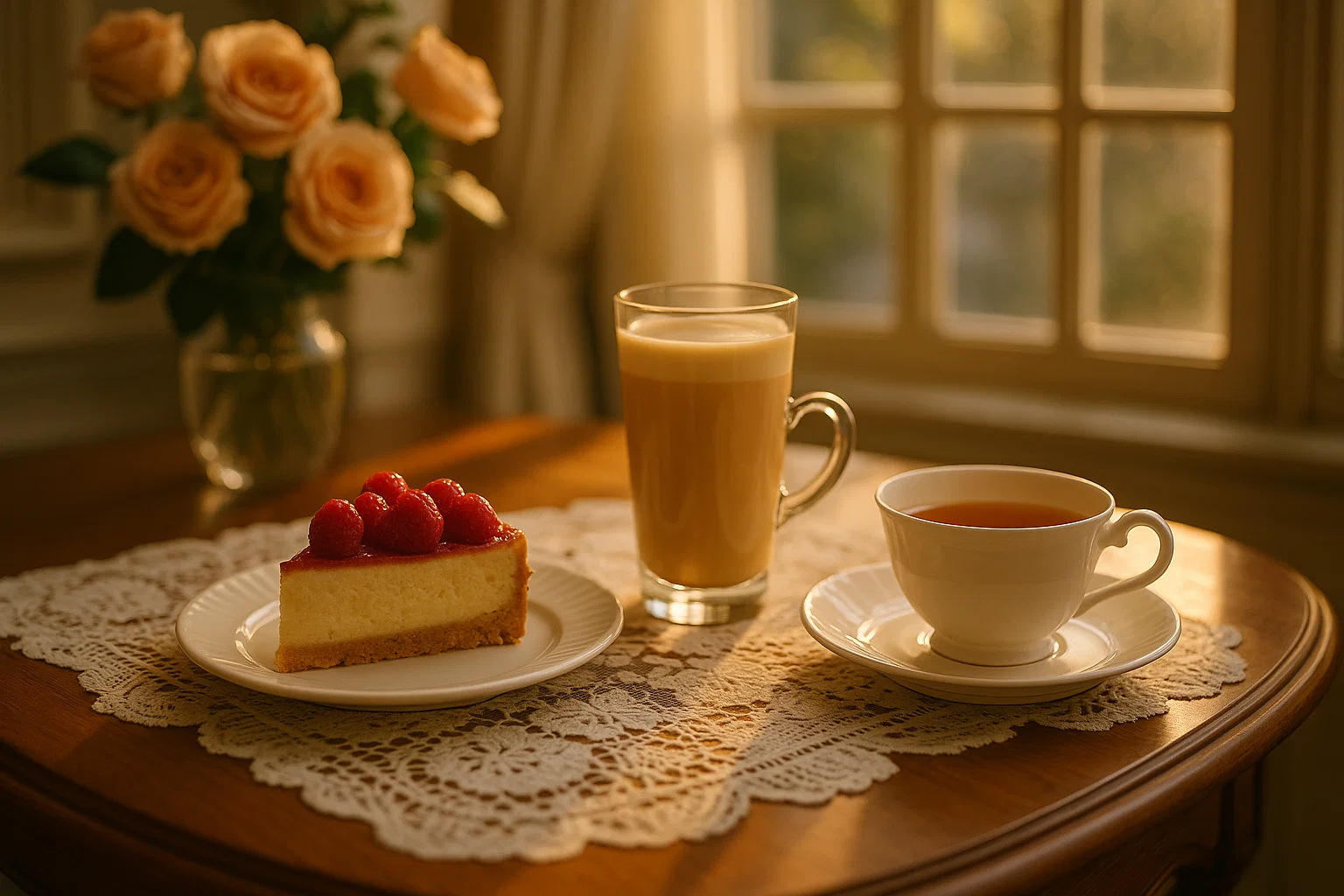 

Bàn trà phong cách châu Âu, có bánh ngọt, ly trà đen sữa và một tách Oolong.